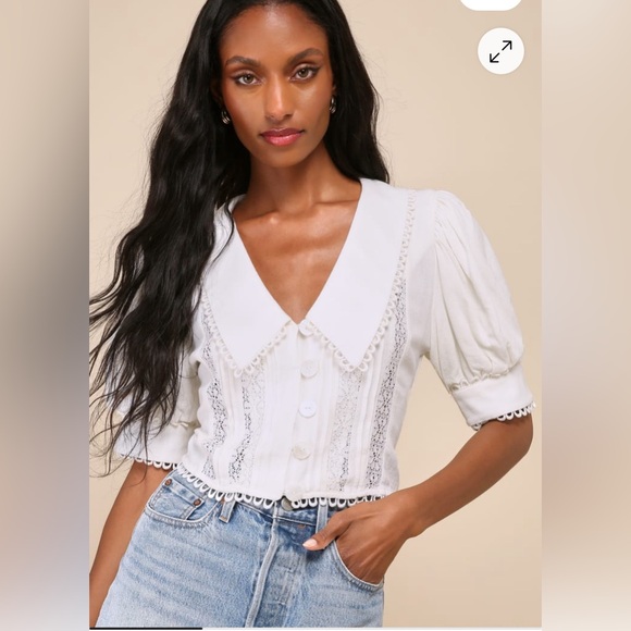 Lulus Tops - Lulus Uncommon Charm Ivory Lace Button-Up Big Collar Puff Sleeve Top M Boho NWT